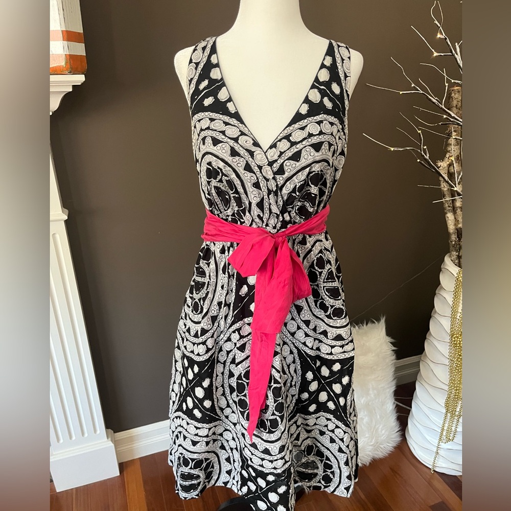 Black and White Patterned Dress with Pink Sash